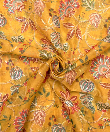 Yellow Golden Floral Print Organza Embroidery Fabric